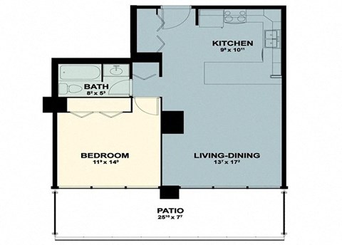 Floor plan for 1 bed, 1 bath, 653 sqft